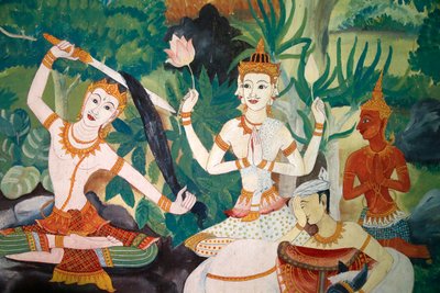 Fresco in Wat Ampharam, Hua Hin, Thailand. Buddha Cutting His Hair and Renouncing His Former Life by Unknown